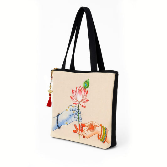 Radha Krishna Lotus Tote Bag