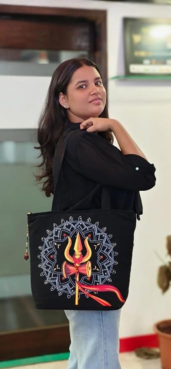 Canvas Cute Tote Bag with Trishul Mandala Design, Black Canvas Bag for College,Shopping,Travel for Daily Use