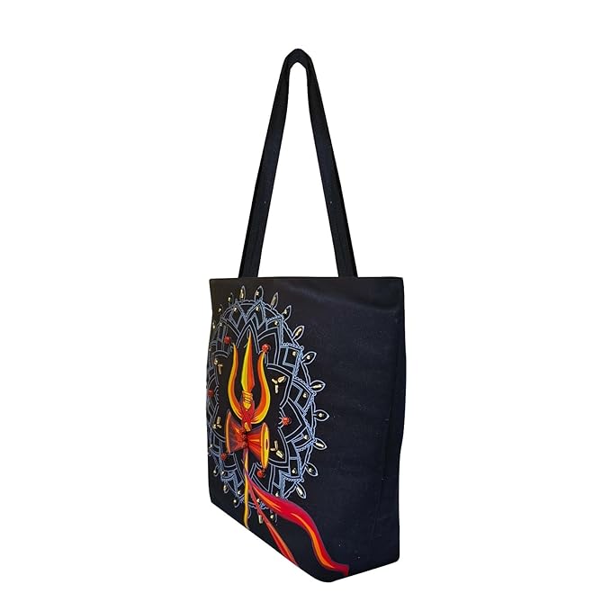 Canvas Cute Tote Bag with Trishul Mandala Design, Black Canvas Bag for College,Shopping,Travel for Daily Use