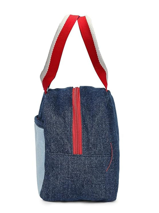 Denim Backpack Set with Lunch Bag and Toiletry Pouch, Navy Blue with Neon Green Accents, 3 Pieces