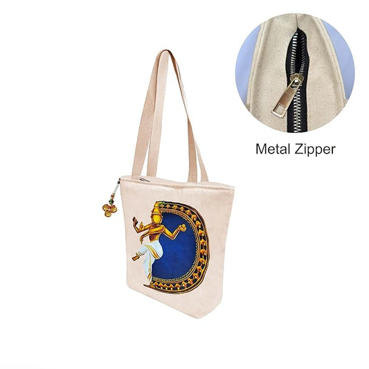 Hand-Printed Tote Bag with Classical Design–Reusable, Zipper