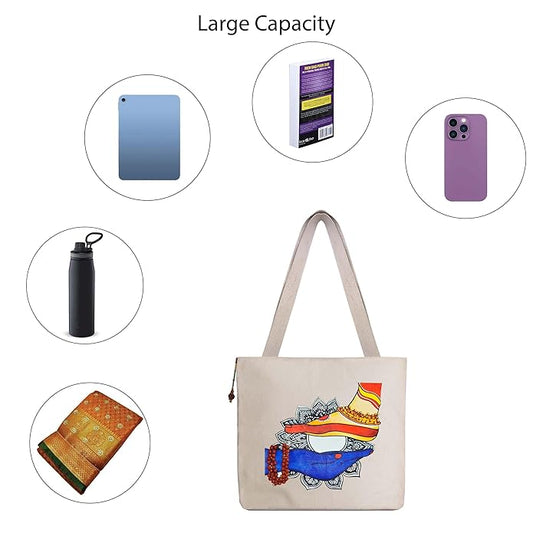 Hand-Printed Tote Bag with Classical Design–Reusable, Zipper Closure For Women & Girls