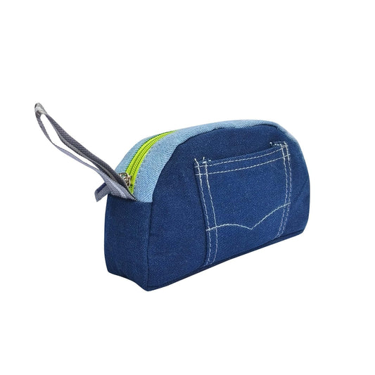 Denim Pencil Classic Pouch, Navy Blue with Pocket Design, Zipper Closure, Grey Handle