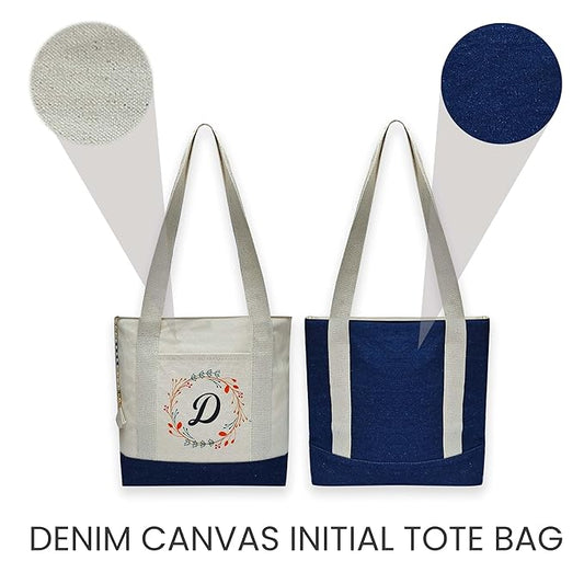 Canvas Tote Bag Letter with Floral Wreath Design Blue & off white