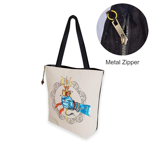 Hand-Printed Tote Bag with Classical Design–Reusable, Zipper Closure For Women & Girls