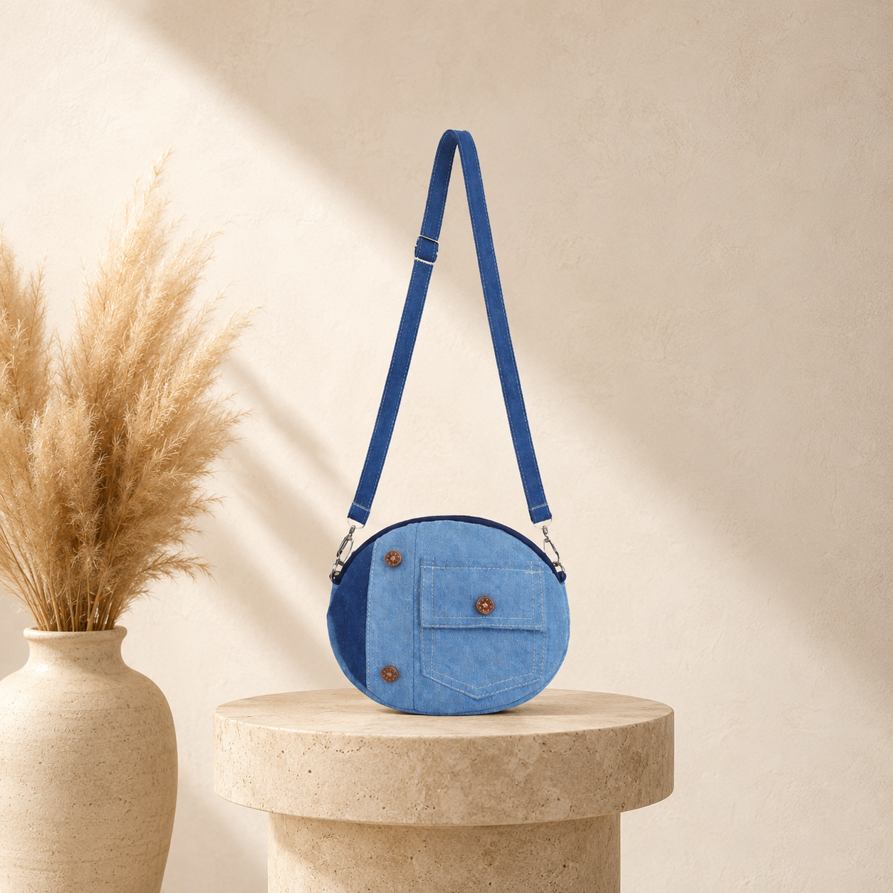 Denim Round Button Sling Bag