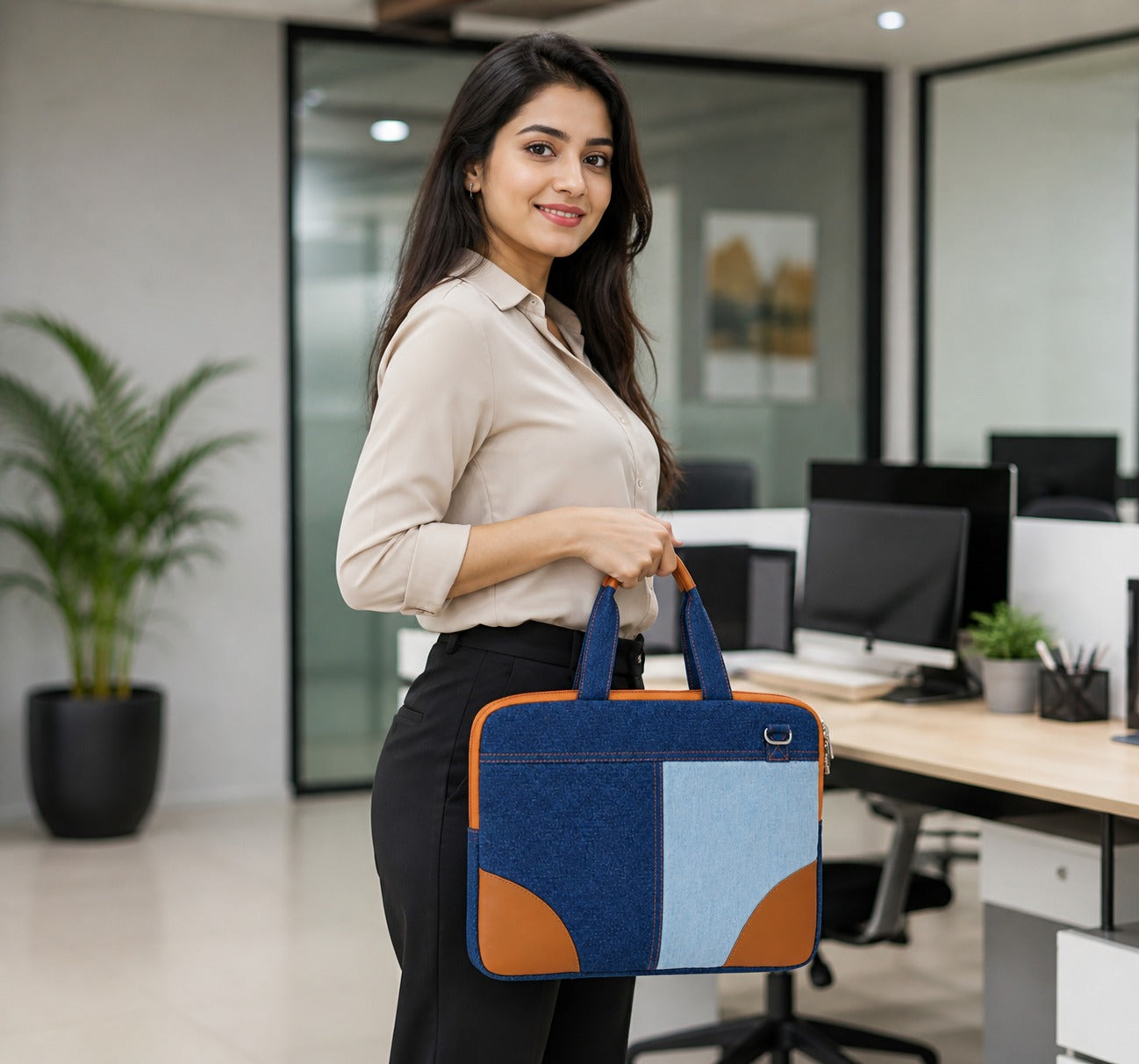 Classic Denim Messenger Laptop bag with PU accent