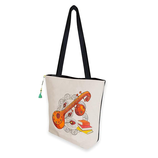 Hand-Printed Tote Bag with Classical Design–Reusable, Zipper Closure For Women & Girls