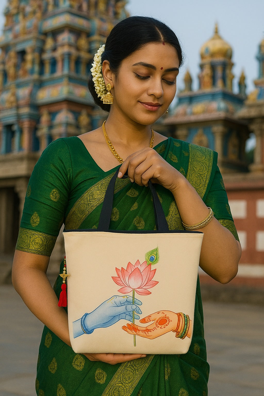 Radha Krishna Lotus Tote Bag