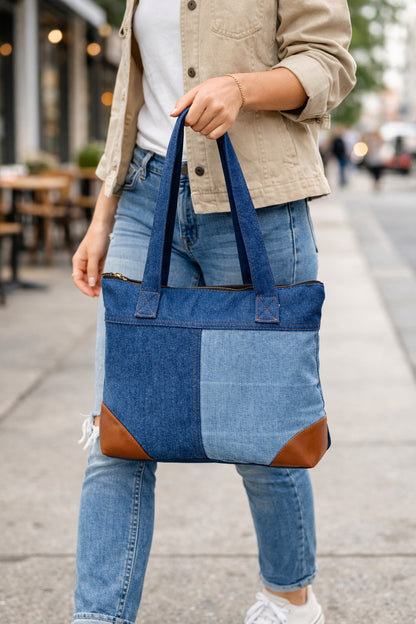 Classic Denim Tote with PU accent