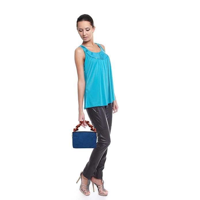Denim Handbag with Ruched-Brown Leather handle small purse with Zipper