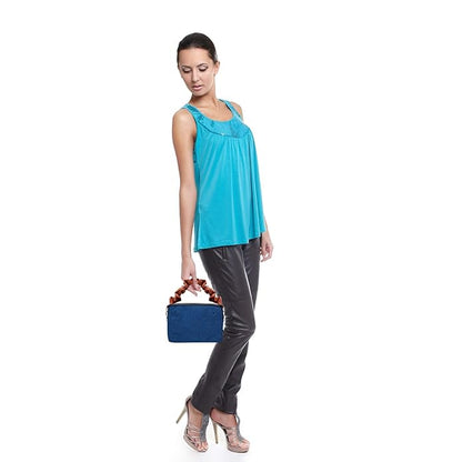 Denim Handbag with Ruched-Brown Leather handle small purse with Zipper