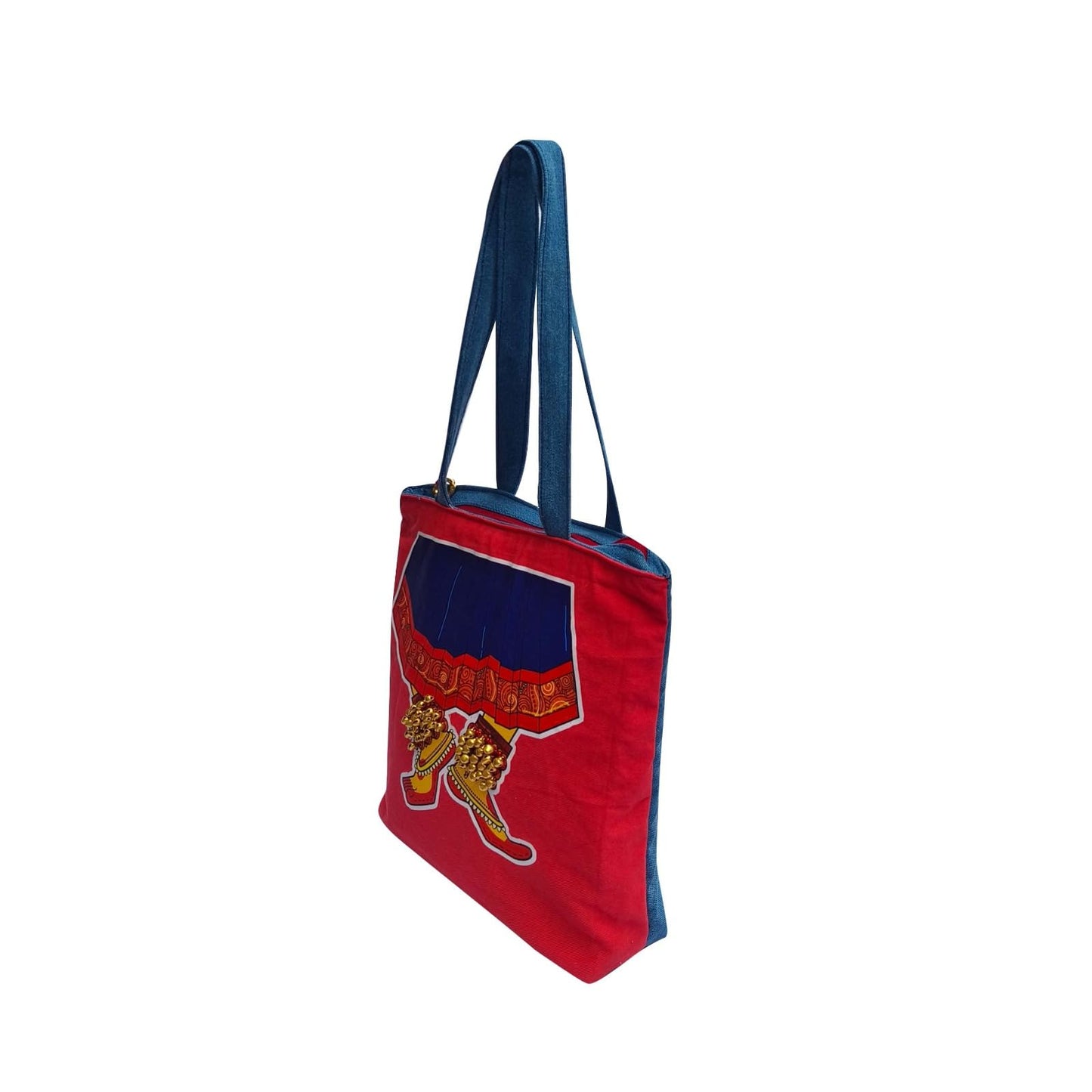 Hand-Painted Tote Bag with Classical Dancer Leg Posture Design–Reusable, Zipper Closure (Red) (White)