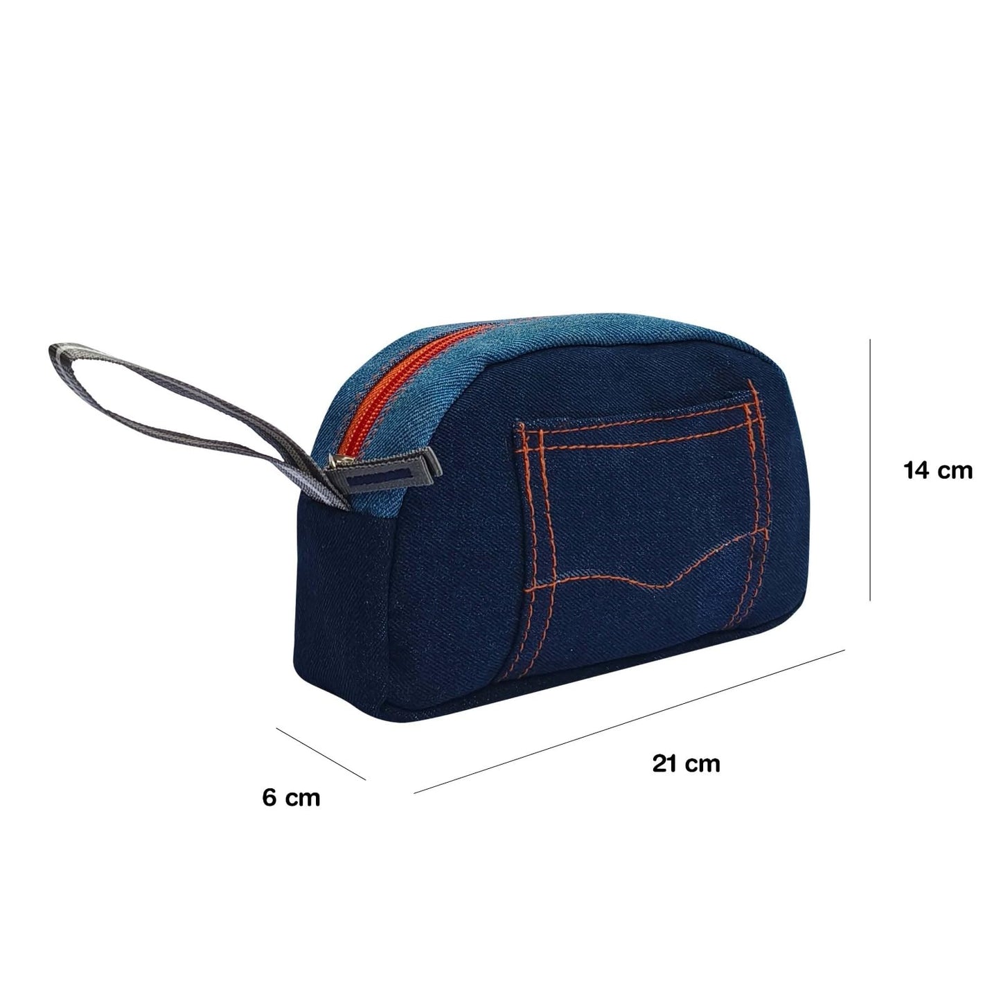 Denim Pencil Pouch Blue with Pocket Design, Zipper Closure, Grey Handle