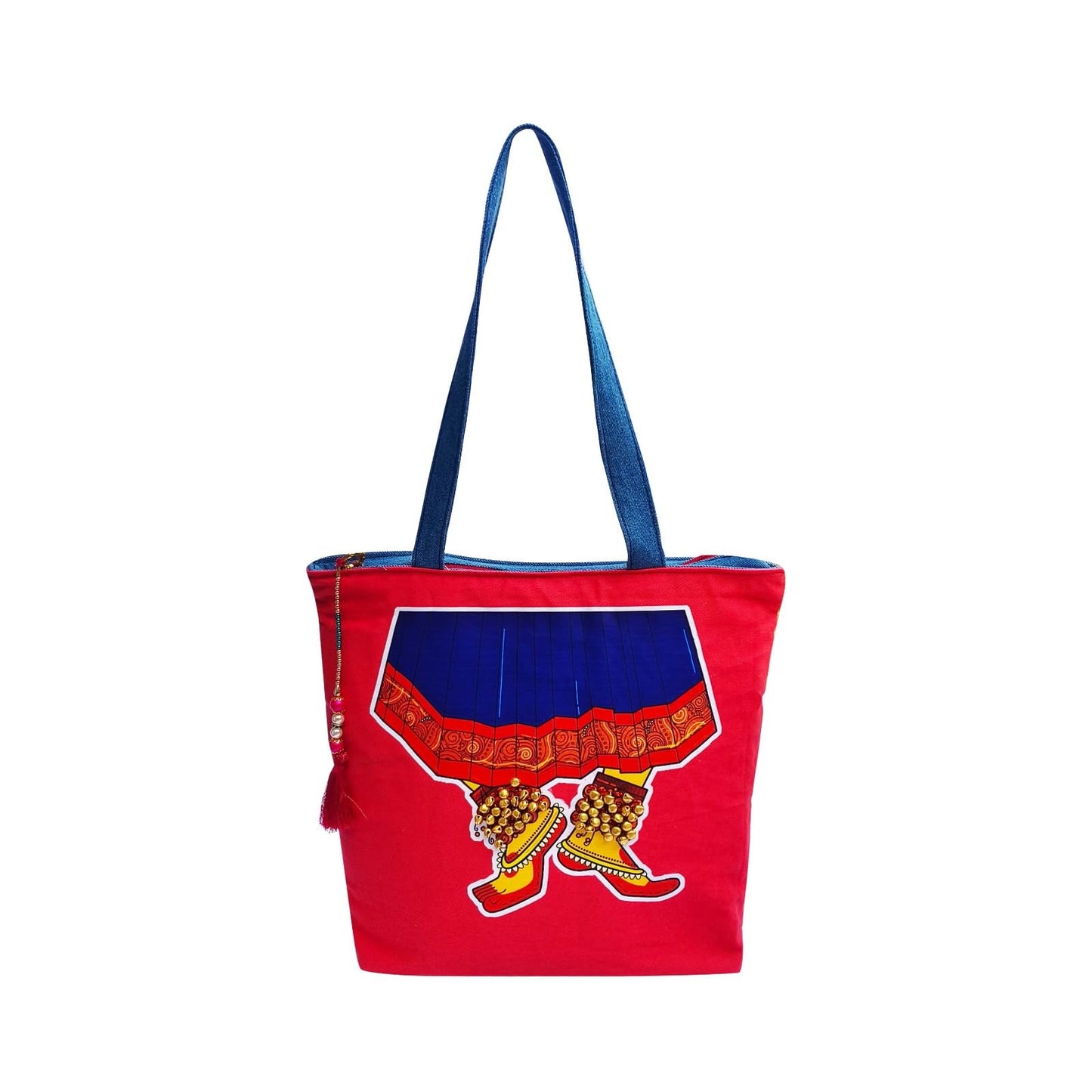 Hand-Painted Tote Bag with Classical Dancer Leg Posture Design–Reusable, Zipper Closure (Red) (White)