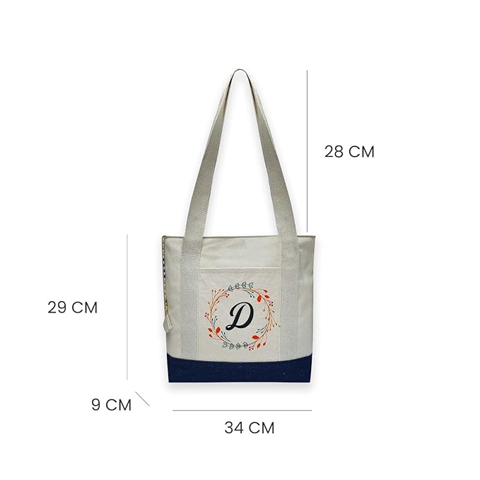 Canvas Tote Bag Letter with Floral Wreath Design Blue & off white