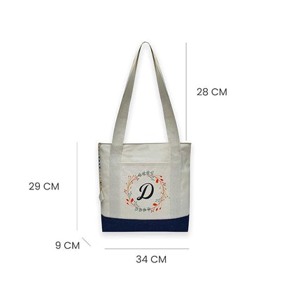Canvas Tote Bag Letter with Floral Wreath Design Blue & off white