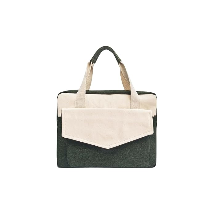 Two-Tone Cream and Dark Green Canvas Laptop Messenger Bag with Adjustable Shoulder Strap.