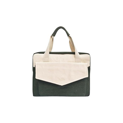 Two-Tone Cream and Dark Green Canvas Laptop Messenger Bag with Adjustable Shoulder Strap.