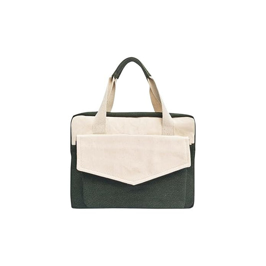 Two-Tone Cream and Dark Green Canvas Laptop Messenger Bag with Adjustable Shoulder Strap.