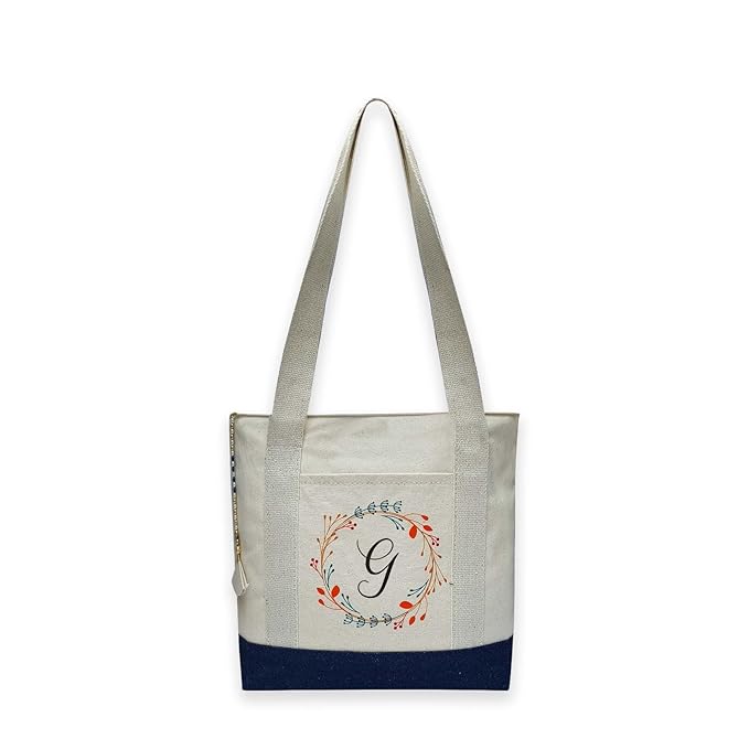 Canvas Tote Bag Letter with Floral Wreath Design Blue & off white