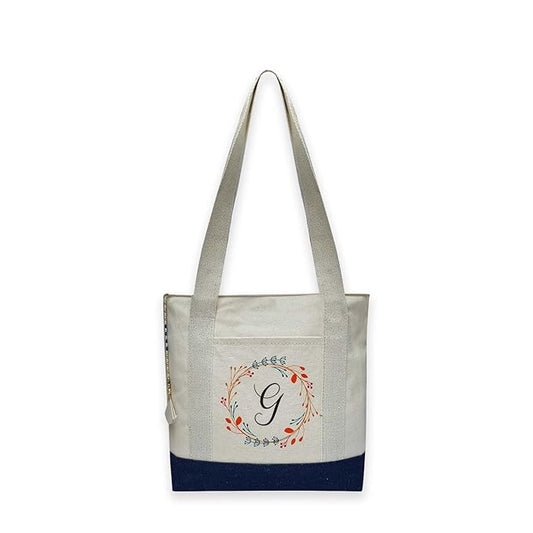Canvas Tote Bag Letter with Floral Wreath Design Blue & off white