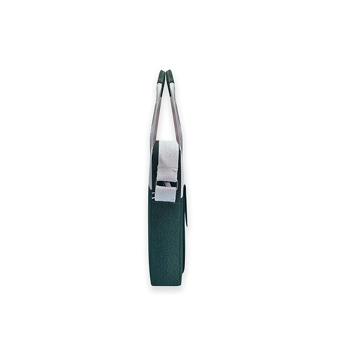 Two-Tone Cream and Dark Green Canvas Laptop Messenger Bag with Adjustable Shoulder Strap.