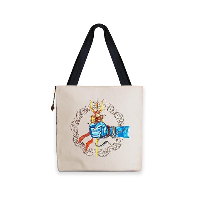 Hand-Printed Tote Bag with Classical Design–Reusable, Zipper Closure For Women & Girls