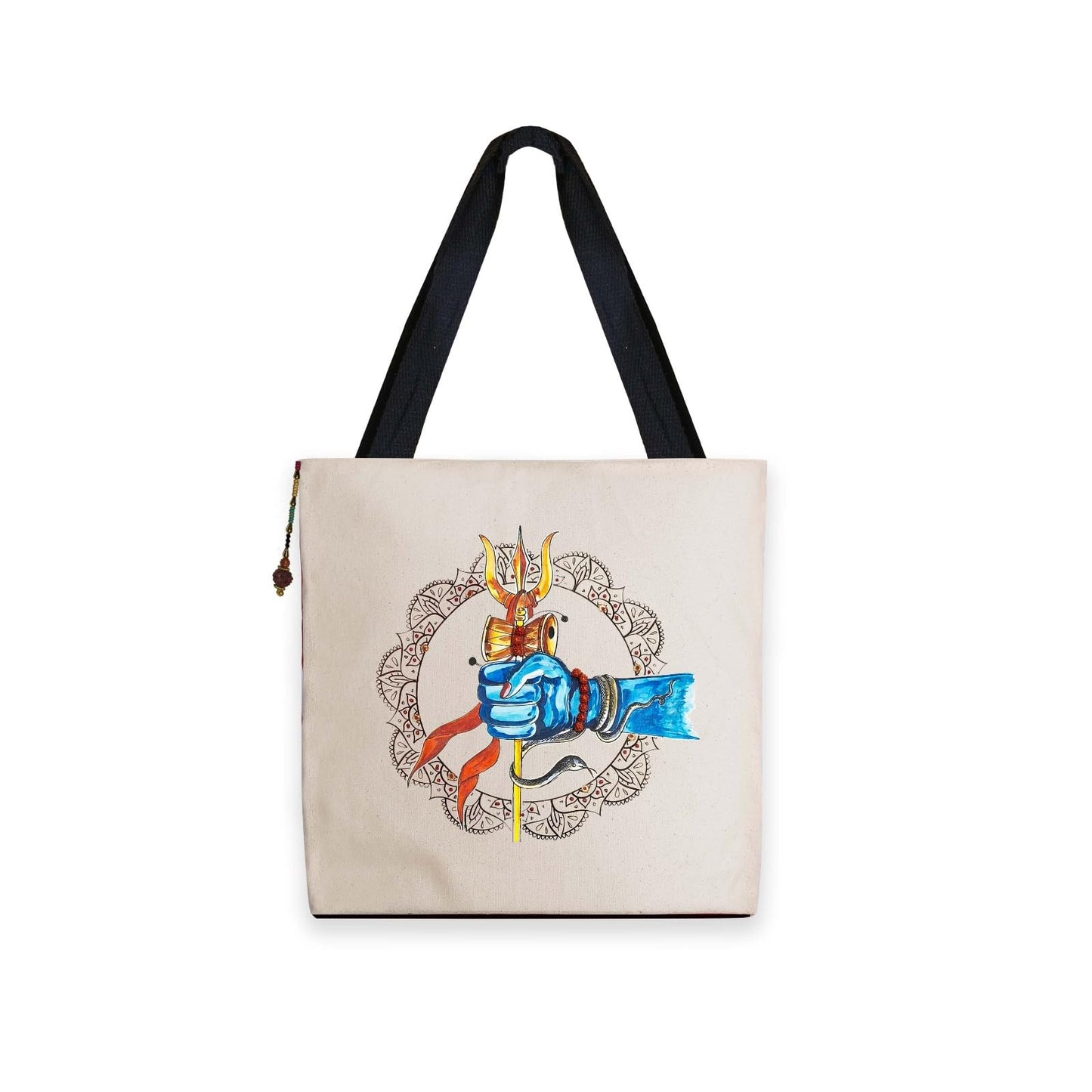 Hand-Painted Tote Bag with Classical Dancer Leg Posture Design–Reusable, Zipper Closure (Red) (White)
