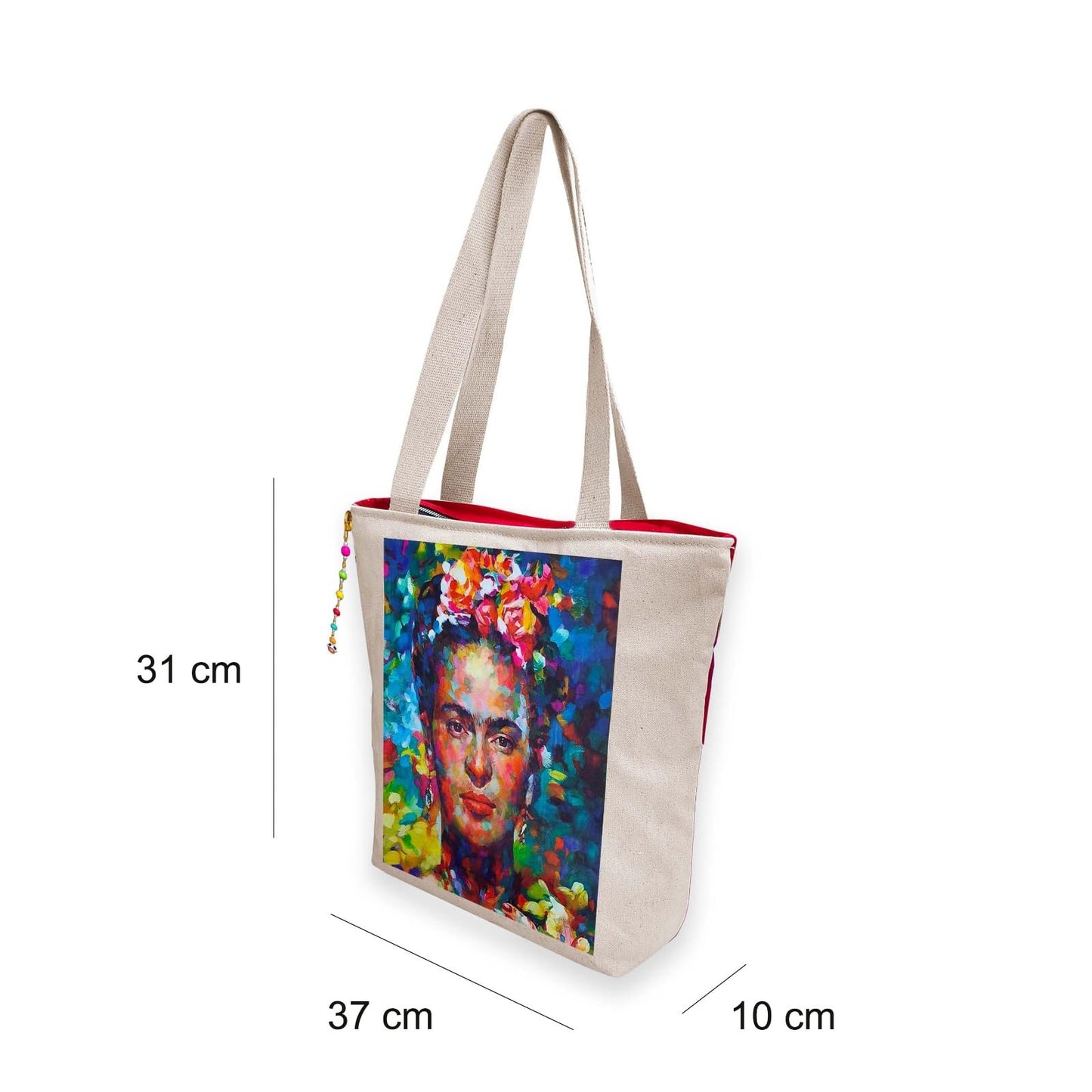 Hand-Painted Tote Bag with Classical Dancer Leg Posture Design–Reusable, Zipper Closure (Red) (White)