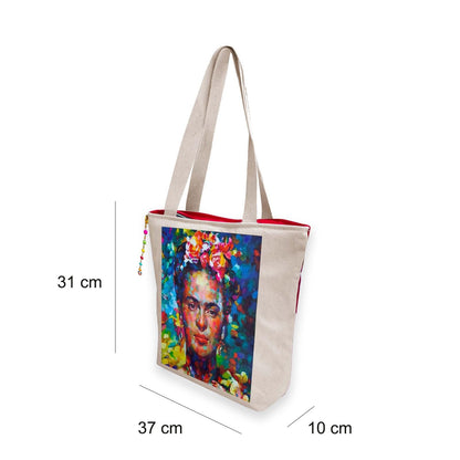 Hand-Painted Tote Bag with Classical Dancer Leg Posture Design–Reusable, Zipper Closure (Red) (White)