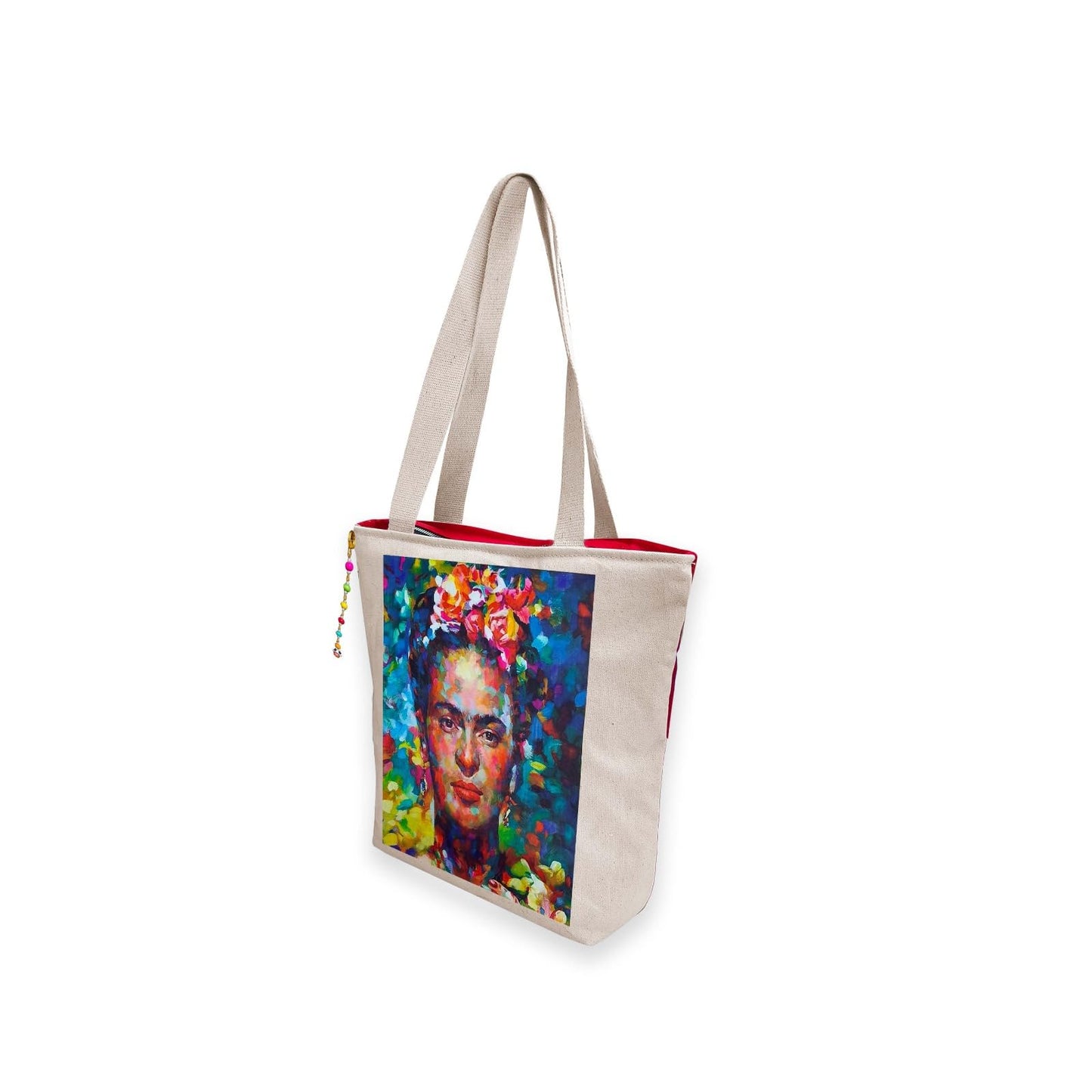 Hand-Painted Tote Bag with Classical Dancer Leg Posture Design–Reusable, Zipper Closure (Red) (White)