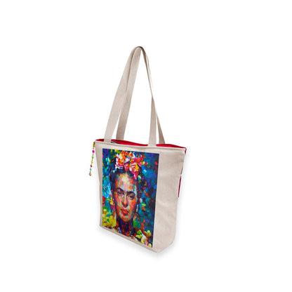 Hand-Painted Tote Bag with Classical Dancer Leg Posture Design–Reusable, Zipper Closure (Red) (White)
