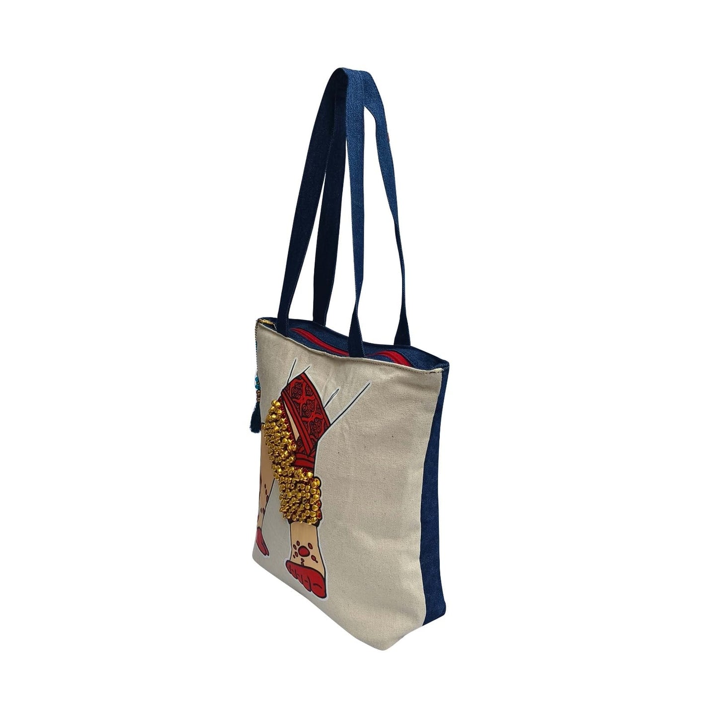 Hand-Painted Tote Bag with Classical Dancer Leg Posture Design–Reusable, Zipper Closure (Red) (White)