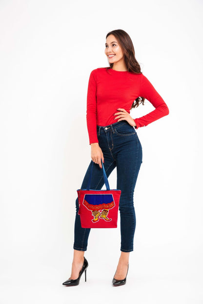 Hand-Painted Tote Bag with Classical Dancer Leg Posture Design–Reusable, Zipper Closure (Red) (White)