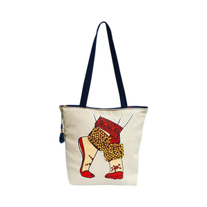 Hand-Painted Tote Bag with Classical Dancer Leg Posture Design–Reusable, Zipper Closure (Red) (White)