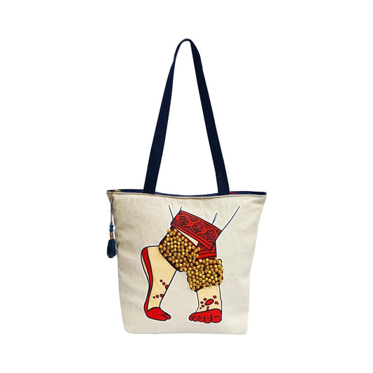 Hand-Painted Tote Bag with Classical Dancer Leg Posture Design–Reusable, Zipper Closure (Red) (White)
