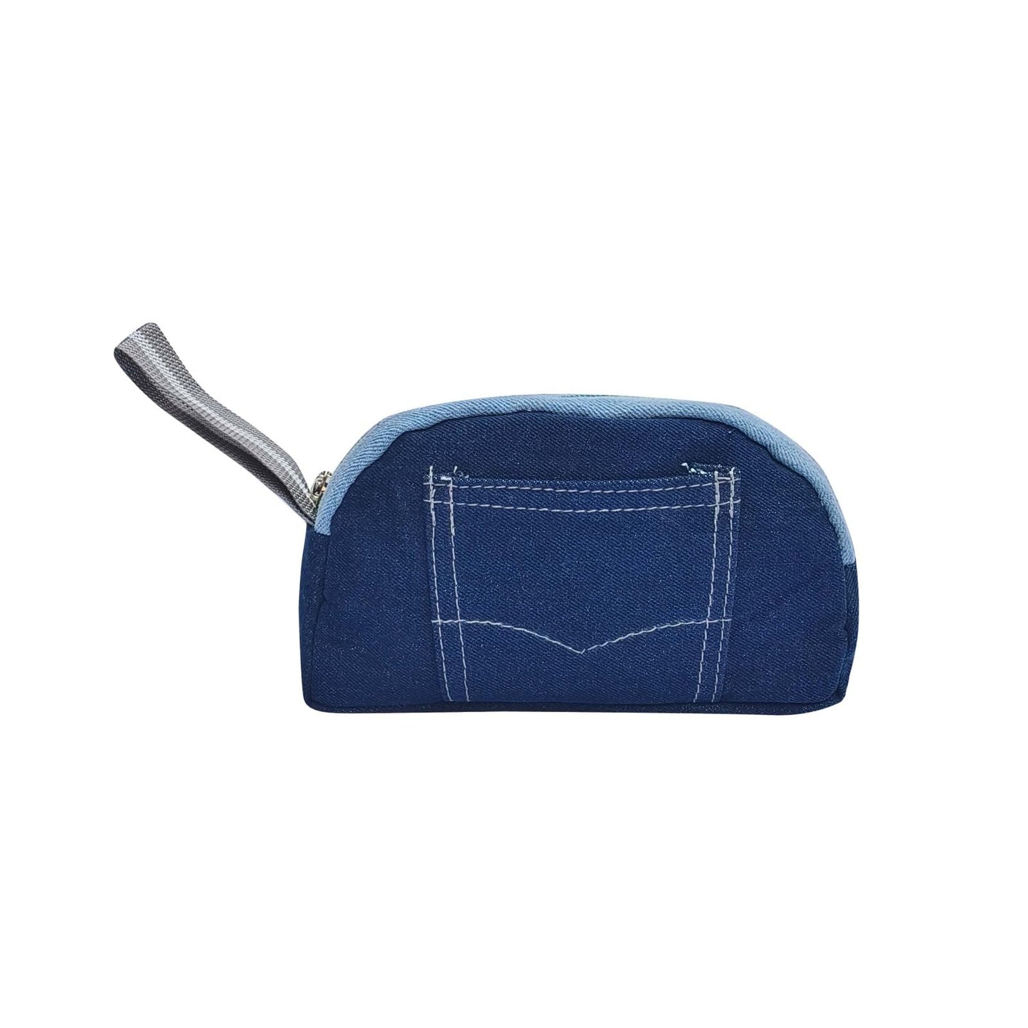 Denim Pencil Classic Pouch, Navy Blue with Pocket Design, Zipper Closure, Grey Handle