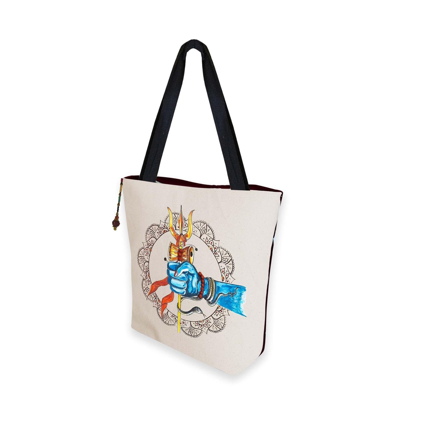 Hand-Painted Tote Bag with Classical Dancer Leg Posture Design–Reusable, Zipper Closure (Red) (White)