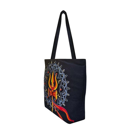 Canvas Cute Tote Bag with Trishul Mandala Design, Black Canvas Bag for College,Shopping,Travel for Daily Use