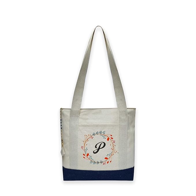 Canvas Tote Bag Letter with Floral Wreath Design Blue & off white