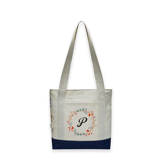 Canvas Tote Bag Letter with Floral Wreath Design Blue & off white