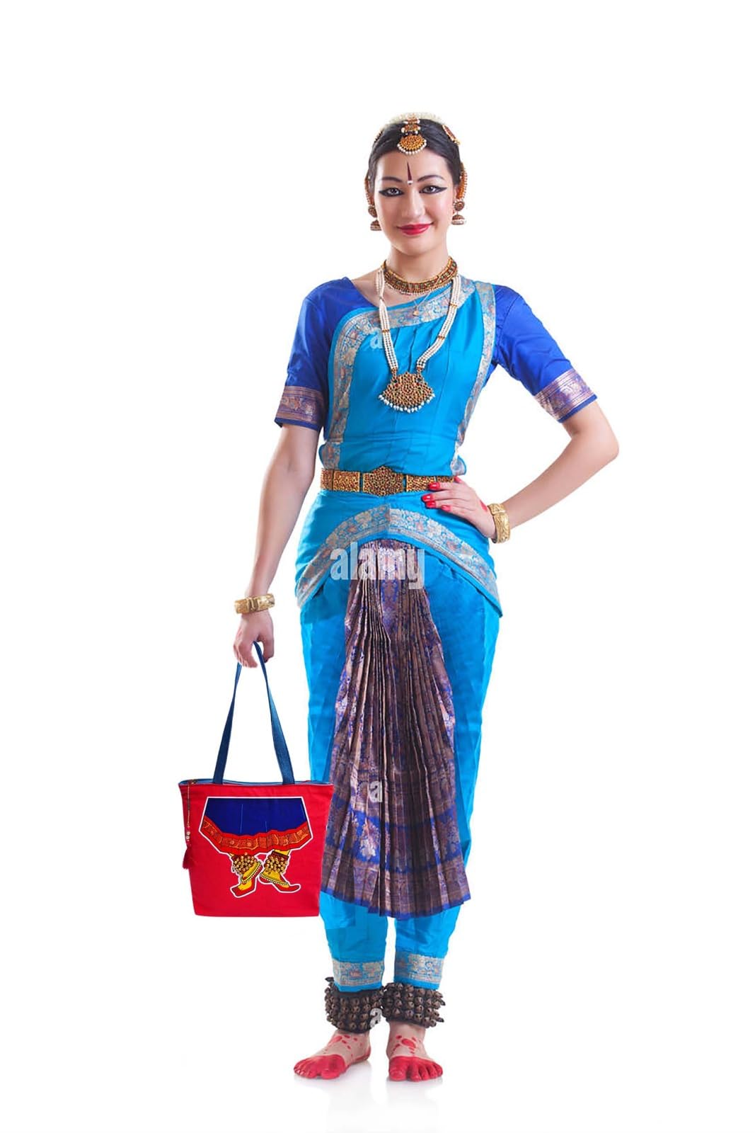 Hand-Painted Tote Bag with Classical Dancer Leg Posture Design–Reusable, Zipper Closure (Red) (White)