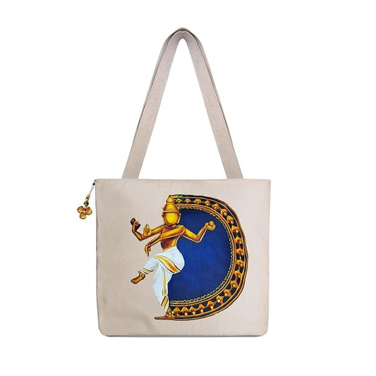 Hand-Printed Tote Bag with Classical Design–Reusable, Zipper
