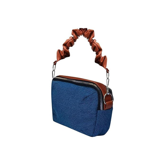Denim Handbag with Ruched-Brown Leather handle small purse with Zipper