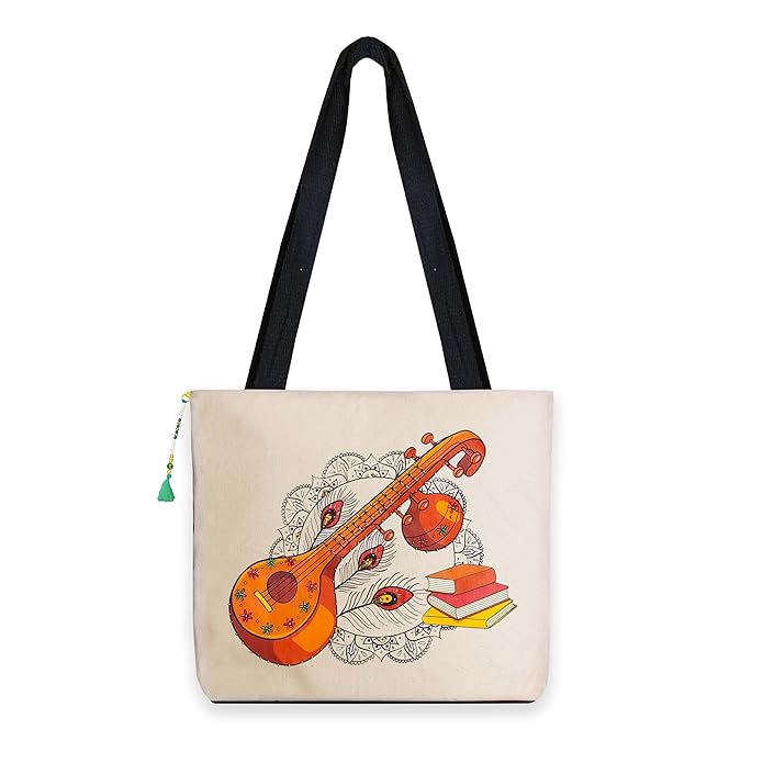 Hand-Printed Tote Bag with Classical Design–Reusable, Zipper Closure For Women & Girls