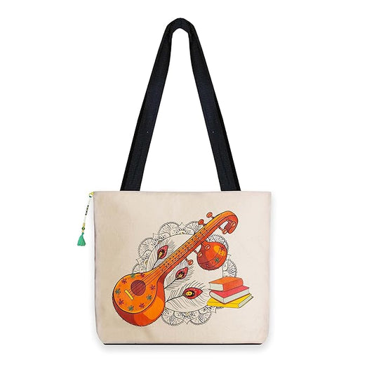 Hand-Printed Tote Bag with Classical Design–Reusable, Zipper Closure For Women & Girls