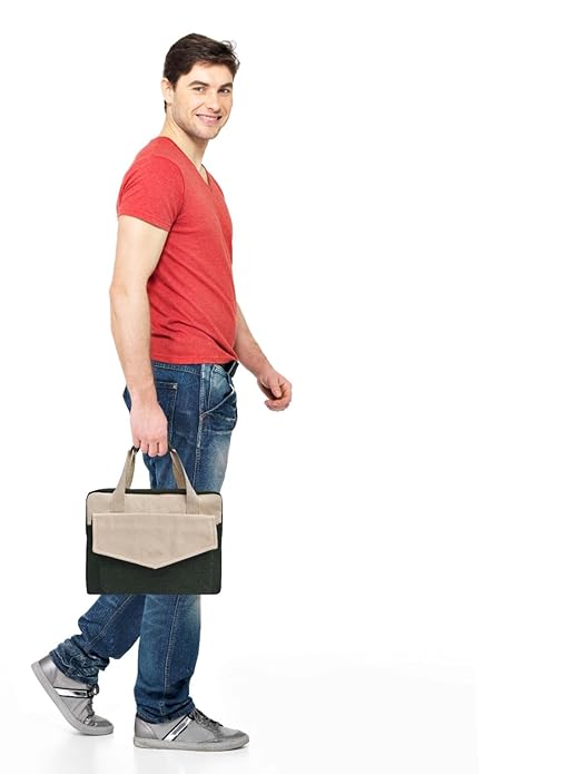 Two-Tone Cream and Dark Green Canvas Laptop Messenger Bag with Adjustable Shoulder Strap.