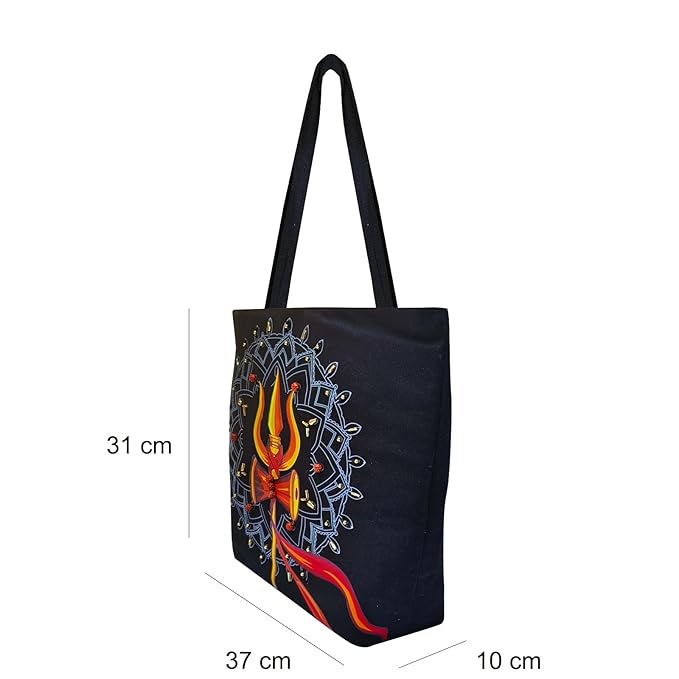 Canvas Cute Tote Bag with Trishul Mandala Design, Black Canvas Bag for College,Shopping,Travel for Daily Use