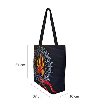 Canvas Cute Tote Bag with Trishul Mandala Design, Black Canvas Bag for College,Shopping,Travel for Daily Use
